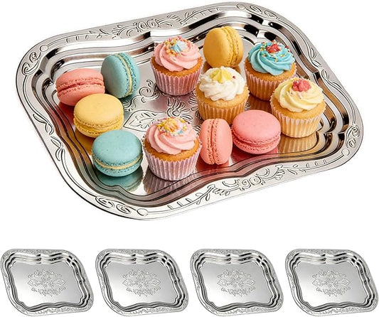 4-Pack Large Silver Serving Trays – 15.8×10.8in Stainless Steel Platter Set with Mirror Surface, Silver Plates for Food Display, Appetizers, Charcuterie, Desserts & Event Table Decor