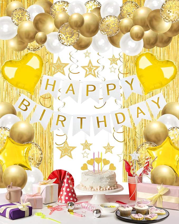 Lutoys Golden Happy Birthday Party Decorations, Happy Birthday Banner, Gold Foil Heart Star Confetti Balloons Curtain Backdrop Hanging Swirls Party Decor for Boys Men