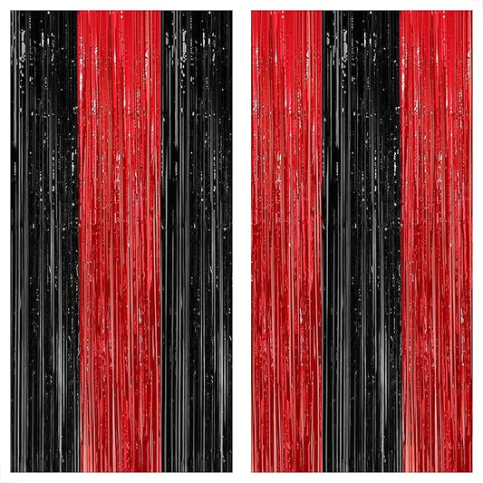 XtraLarge Black and Red Fringe - 8x3.2 Feet, Pack of 4 | Metallic Black and Red Fringe Curtain for Disco | Red and Black Party Decorations | Red and Black Foil Fringe Curtain for Halloween Decorations