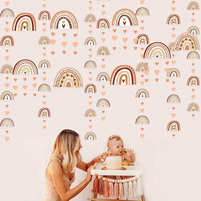 Boho Rainbow Party Decorations Rainbow Heart Boho Hanging Cutout Garland Streamer for Groovy Retro Hippie Birthday Baby Shower Wedding Engagement Party Supplies Classroom Nursery Wall Ceiling Decor