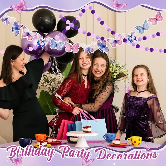Mindsoft Pre Strung 3 Pcs Happy Birthday Banner Felt Ball Garland Butterflies Banner Reusable Bulk purple Birthday Decorations for Girls Boys Women Men