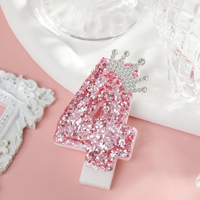 PHD CAKE Birthday Number Candles,Pink Crown Birthday Candles for Cake,Glitter Number 4 Candle Cake Topper with Sequins for Girls,Women, Anniversary Celebrations Supplies