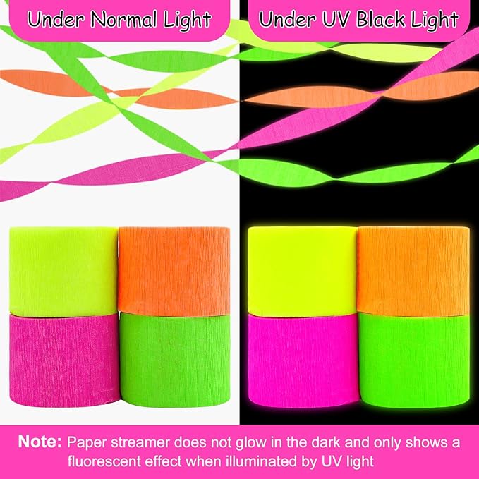 8 Rolls Neon Glow Crepe Paper Streamers Glow in Dark Party Supplies Pink Green Orange Yellow Colorful Paper Streamers for Birthday Neon Disco Glow Party （Total 656ft, 1.8Inch x 82Ft/Roll）