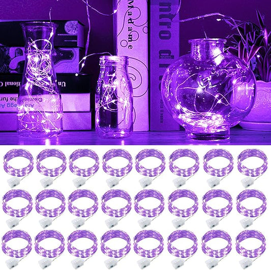 pozzolanas 24 Pack Purple Fairy Lights Battery Operated 3 Modes 7FT 20 LED Waterproof String Lights Twinkle Silver Wire for Mason Jars Wedding Christmas Halloween Party Decor (24, Purple)