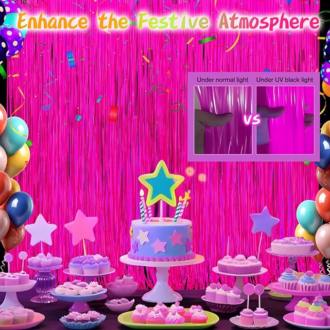 Glow in The Dark Party Supplies 2 Pack Neon Party Decorations Fluorescent Tinsel Foil Fringe Curtains Photo Booth Prop Backdrop Streamer Blacklight Decorations (Neon Hot Pink)