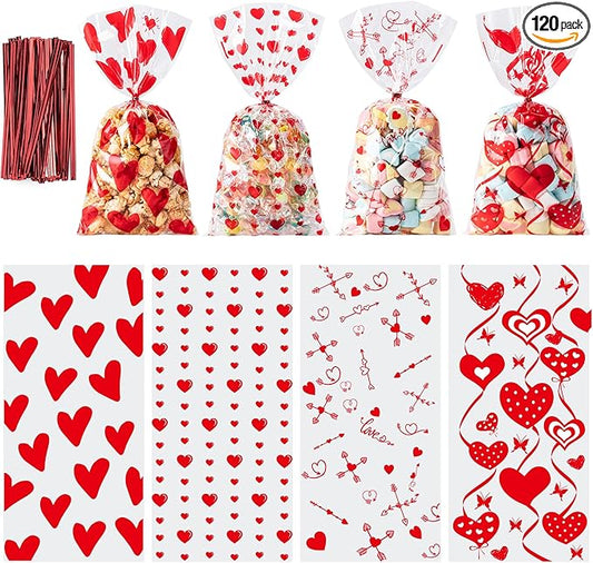 Aegero Valentines Cellophane Bags 120pcs Valentines Candy Bags with 140pcs Twists for Valentine's Candy Cookie Goodie Snack Bag for Valentines Day Wedding Party Favor Supplies,Classroom Parties Valentine02-Red Heart