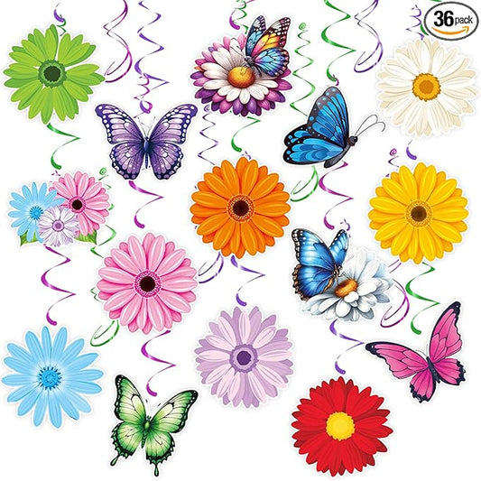 Flower Hanging Swirl Decorations - 36 Pcs Spring Floral Butterflies Ceiling Hanging Streamers for Spring Summer Garden Office Classroom Decorations Supplies