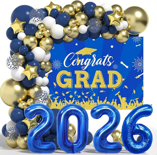 Graduation Decorations Class of 2026: Blue and Gold Graduation Balloons Arch Kit 2026 Grad Party Decorartion with Congrats Grad Backdrop Party Supplies for High School & College Celebrations