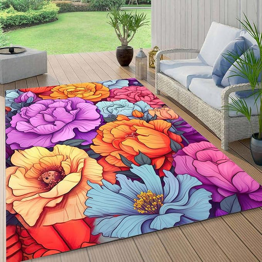 Easy Clean Floral Outdoor Rug 8x10 Yellow Purple Machine Washable Area Rugs for Patio Balcony Camping Pool Garden Non Slip Waterproof Outside Carpet Vibrant Low Pile Porch Mat