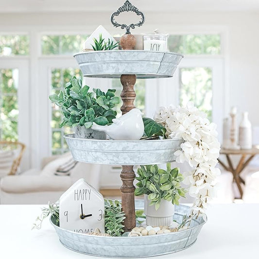 3 Tiered Tray Stand [XL] - Stunning, Extra Large Three Tier Tray, Galvanized Metal Serving Stand for Cookie and Pastry Display, Farmhouse Seafood Tower, Rustic Party and Home Decor
