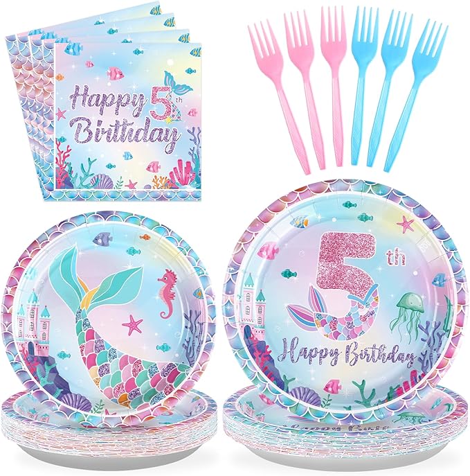 96Pcs Mermaid 5th Birthday Party Decorations Dive Into Five Party Plates and Napkins Disposable Mermaid Ocean Sea Animal Tableware Set for Girls 5 Year Old Little Mermaids Party Supplies Serves 24