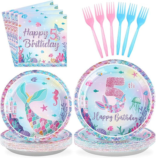 96Pcs Mermaid 5th Birthday Party Decorations Dive Into Five Party Plates and Napkins Disposable Mermaid Ocean Sea Animal Tableware Set for Girls 5 Year Old Little Mermaids Party Supplies Serves 24