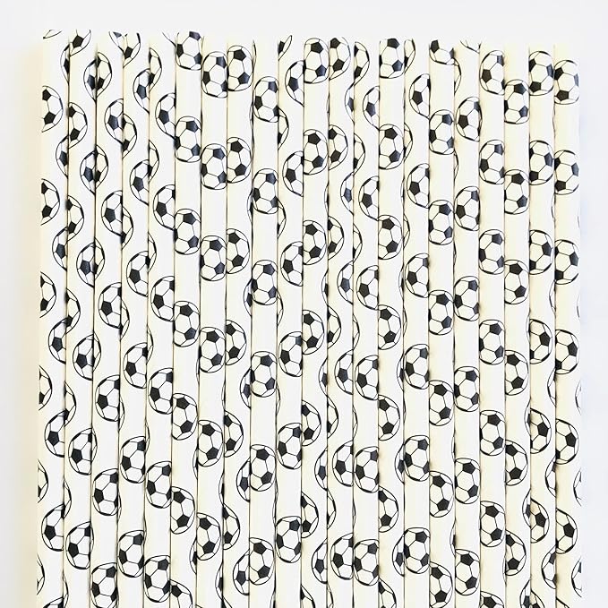100 pcs Sports Party Paper Straws, Black White Soccer Football Bar Soda Juice Drinking Straws, Kids Teen Boy Birthday Baby Shower Game Day Restaurant World Cup Cake Pop Sticks (White With Soccer)