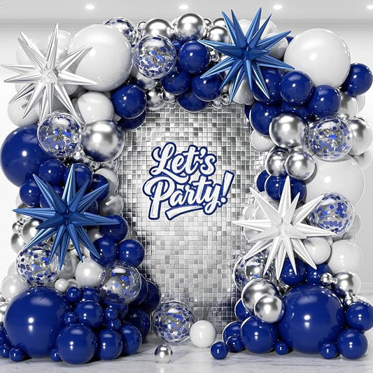 153Pcs Navy Blue and Silver Balloons Garland Arch Kit with Stars -22 18 12 10 5 inch Different Size Royal Blue White Silver Latex Balloon for Birthday Baby Shower Anniversary Party Decorations