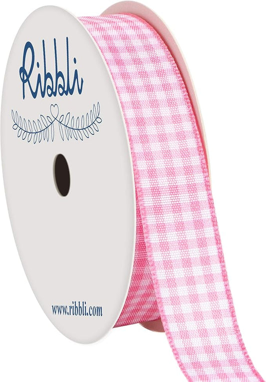 Ribbli Light Pink and White Gingham Ribbon,100% Polyester Woven Edge,5/8 Inch x 10 Yard,Plaid Ribbon Use for Baby Shower,Gift Wrapping,Party Decoration