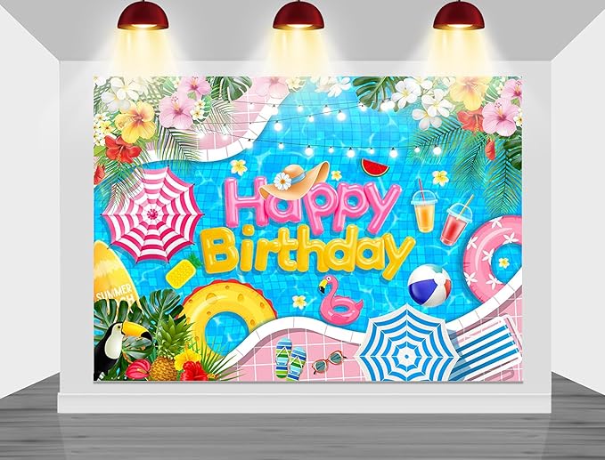 Mocsicka Summer Pool Birthday Party Backdrop Swimming for Happy Birthday Party Decorations Floral Lifebuoy Fruit Water Flamingo Photography Background (Blue, 8x6ft(96''x72''))