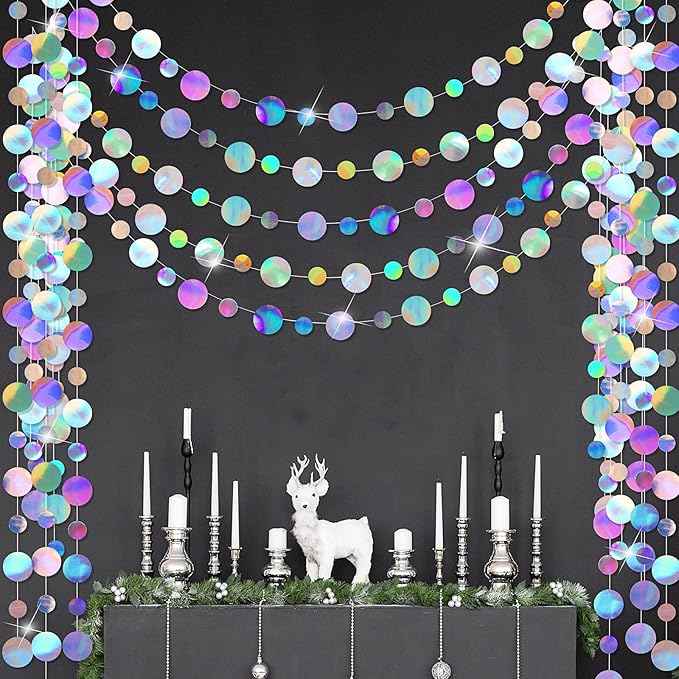 Outus 5 Pieces Laser Silver Round Dots Garland Graduation Party Hanging Decor Each Length 13.1ft Glitter Paper Dot Streamers for Birthday Wedding Classroom Supplies