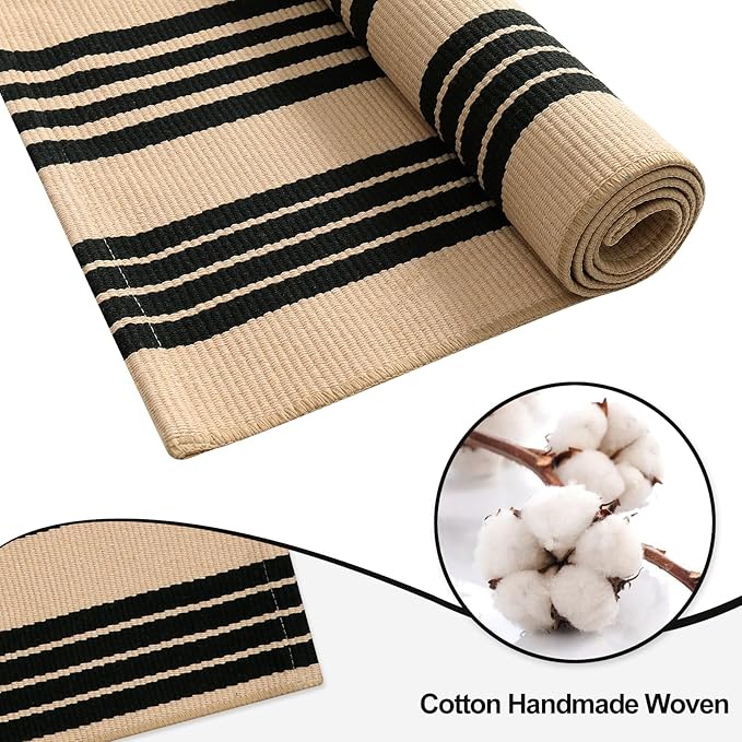 OJIA Outdoor Patio Rug 5'x7', Black and Tan Striped Outdoor Rugs Machine Washable Area Rugs Cotton Hand Woven Indoor Outdoor Rugs for Bedroom/Living Room/Front Porch/Deck/Backyard/Camping