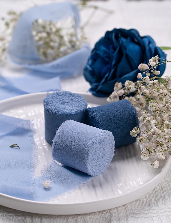 Chiffon Ribbon, Dusty Haze Pastel Blue 1.5''x21Yd Frayed Fringe Silk Ribbons for Gift Wrapping, Handmade Decor, Floral Vase, Mother's Day, Wedding, Graduation, Birthday, Engagement, 3 Rolls