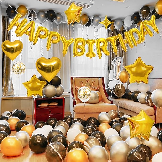 CANREVEL Happy Birthday Balloons Banner 16 Inch Mylar Foil Letters with Star & Heart Balloons Birthday Party Decorations for Men and Women - 30 Pcs Gold