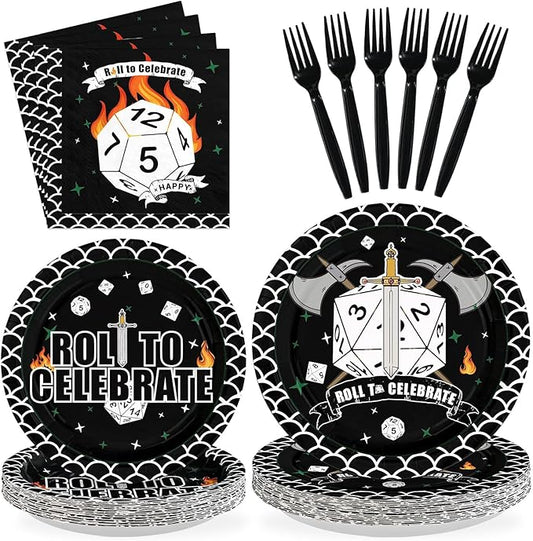 96Pcs D20 Dice Party Supplies Dungeons Theme Game Dragons Dice Plates and Napkins Roll to Celebrate Tableware Set for Men Boy Husband D20 Role-Playing 20th Birthday Game Party Decor Serve 24
