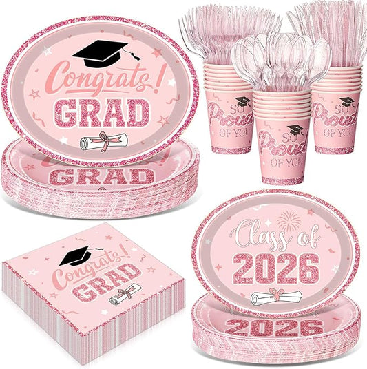 Pajean 350 Pcs Pink and Gold Graduation Decorations Class of 2026 Disposable 12 inch Oval Plates Napkins Heavy Duty Paper Oval Tableware Set for 50 Guests College High School Grad Party Supplies