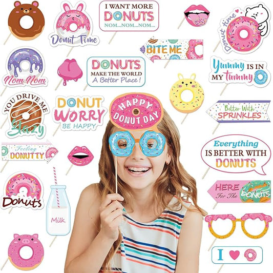 25Pcs Donut Photo Booth Props, DIY Donut Birthday Party Selfie Props, Funny Photo Prop Pack for Girls Birthday Party Wedding Decorations