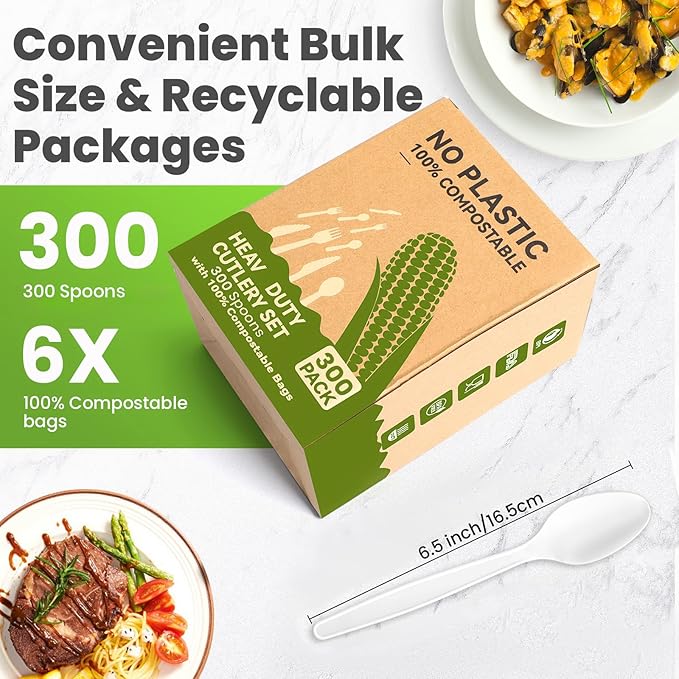 Heavy Duty Compostable Spoons(300Pack), Eco-Friendly Heavyweight No-Plastic Spoon - 100% Disposable Spoons Cornstarch Flatware for Lounge Party Wedding BBQ Picnic Camping