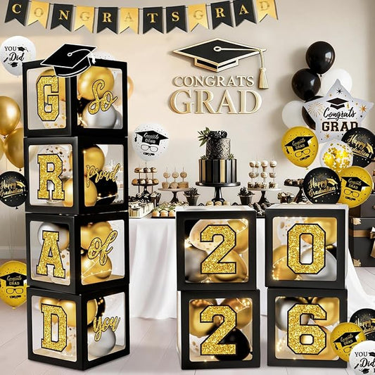 Black and Gold Graduation Decorations 2026 - Balloons Boxes with Letters 2026 GRAD So Proud of You, Congrats Grad Party Decorations for Any Grades