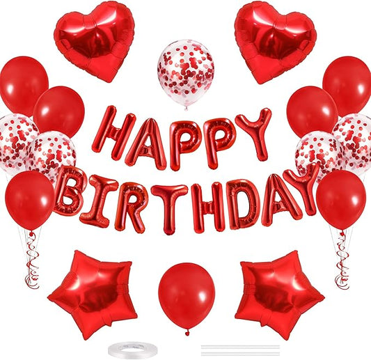 CANREVEL Happy Birthday Balloons Banner 16 Inch Mylar Foil Letters with Star & Heart Balloons Birthday Party Decorations for Men and Women - 30 Pcs Red