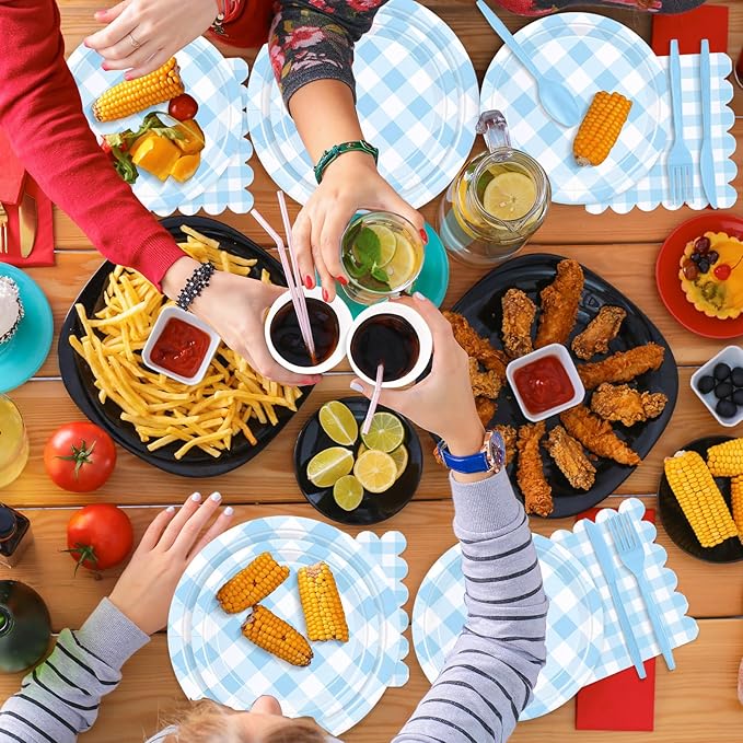 175 Pcs Gingham Party Supplies for 25 Guests, Paper Plates and Napkins Knives Spoons Forks Cups Disposable Party Set Cutlery for Baby & Bridal Shower, Wedding, Birthday Party, Outdoor Picnic ( Blue )
