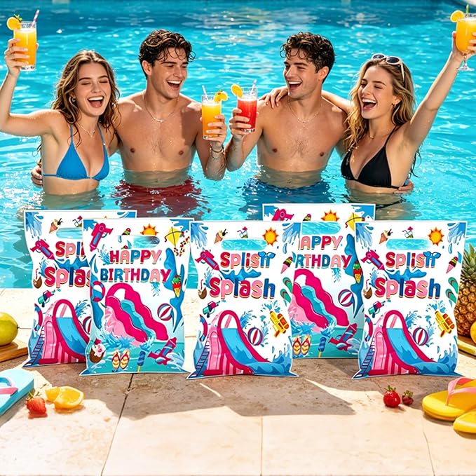 MOIZYNG 50Pcs Splish Splash Summer Birthday Gift Bags with Handles, Pink Splish Splash Happy Birthday Plastic Candy Treat Goodie Bags for Summer Pool Party Favors Supplies