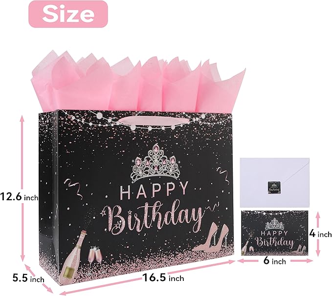 wishinside 16.5'' Extra Large Black Happy Birthday Gift Bag Set with Handles, Greeting Card, Tissue Papers and Stickers for Girls Women Kids Teens, Tiara Design, 1 Pcs