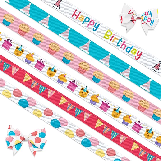 6 PCS Birthday Ribbons for Crafting, 3/8" Width Grosgrain Ribbons Pink Blue Ribbon Birthday Cake Balloons Flags Craft Ribbons for Gift Wrapping Birthday Baby Shower Decoration