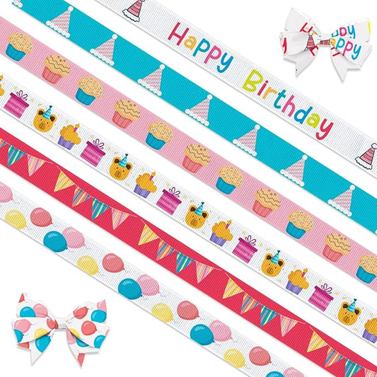6 PCS Birthday Ribbons for Crafting, 3/8" Width Grosgrain Ribbons Pink Blue Ribbon Birthday Cake Balloons Flags Craft Ribbons for Gift Wrapping Birthday Baby Shower Decoration