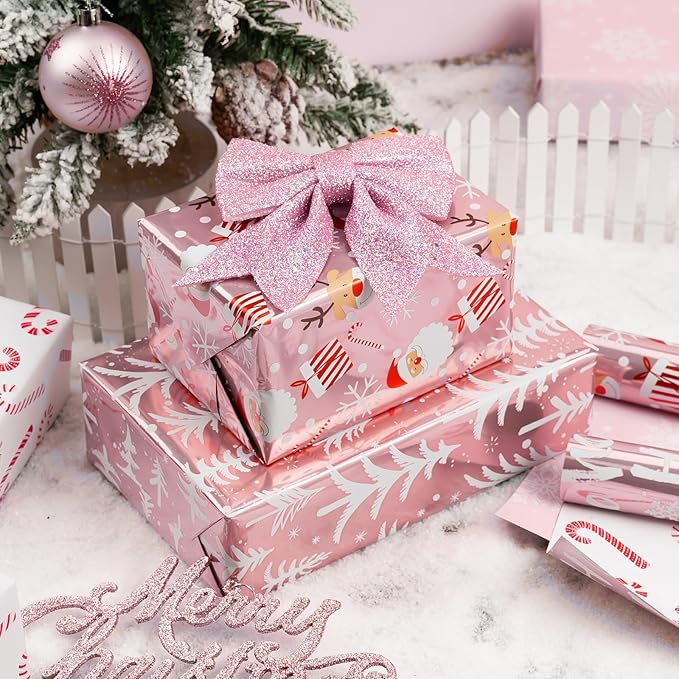 Burymento Christmas Wrapping Paper, Reversible Pink Christmas Tree, HO Santa Laughter, Snowflake, Reindeer, Design Gift Wrapping Paper Suitable for Holiday, Mini Roll (17 Inch X 120 Inch)