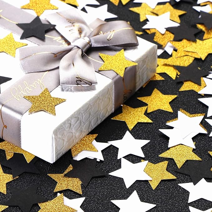 300pcs Black White Gold Confetti,Glitter Paper decor Twinkle Little Star Table Confetti,Birthday Graduation 2025 Fathers Day Wedding Baby Shower Party Decorations Circle Dots Lasting Surprise