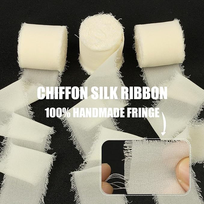 Cream Chiffon Ribbon 1-1/2 Inch x 21 Yards Handmade Fringe, Silk, Boho Frayed Ribbon - Cream for Gift Wrapping, Wedding Invitations, Bridal Flower Bouquets