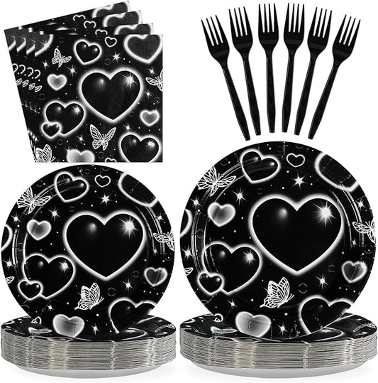 Grencian 96 Pcs 2000s Party Plates and Napkins Black Heart Tableware Supplies Y2k Theme Birthday Party Decoration Early 2000s Dinnerware Decorations for Birthday Wedding Bridal Shower