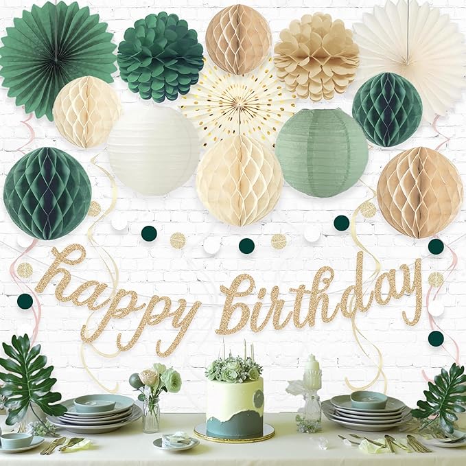 Sage Green Happy Birthday Decorations for Women, Pre-Strung Happy Birthday Banner with Honeycomb Balls, Paper Flowers, Lanterns, Hanging Swirls, Circle Dots Garland for Party Decor 24pcs