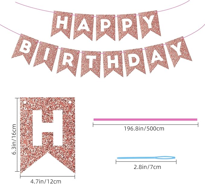 Hooqict Rose Gold Happy Birthday Banner Sign for Backdrop Rose Gold Birthday Decorations for Women Girls Wall Door Party Banner Garland Bunting Flag