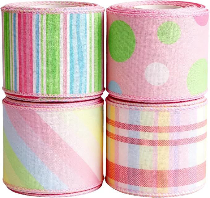 Meseey 4 Rolls Pastel Wired Ribbon, 2.5 Inch x 5 Yards Polka Dot/Plaid/Striped Ribbons for Easter Wreaths, Gift Wrapping,Baskets, Crafts, Spring Party Decorations