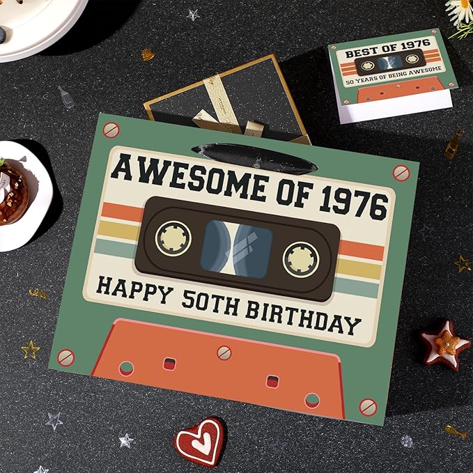 50th Birthday Gift Bag for Men Women Retro Tape 1976 Birthday Party Favor Bags with Tissue Paper and Card Green Vintage Cassette 50 Years Old Gift Wrapping Bag Decorations for Mom Dad Friends Gifts