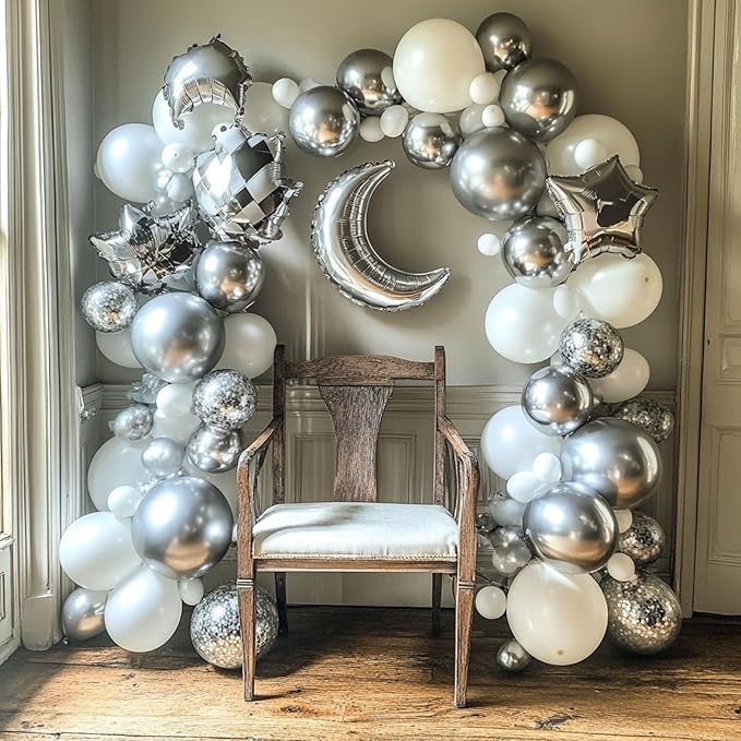 RUBFAC 87pcs Silver Balloons Latex Balloons Different Sizes 18 12 10 5 Inch Metallic Silver Chrome Party Balloon Kit for Birthday Party Graduation Baby Shower Wedding Holiday Balloon Decoration