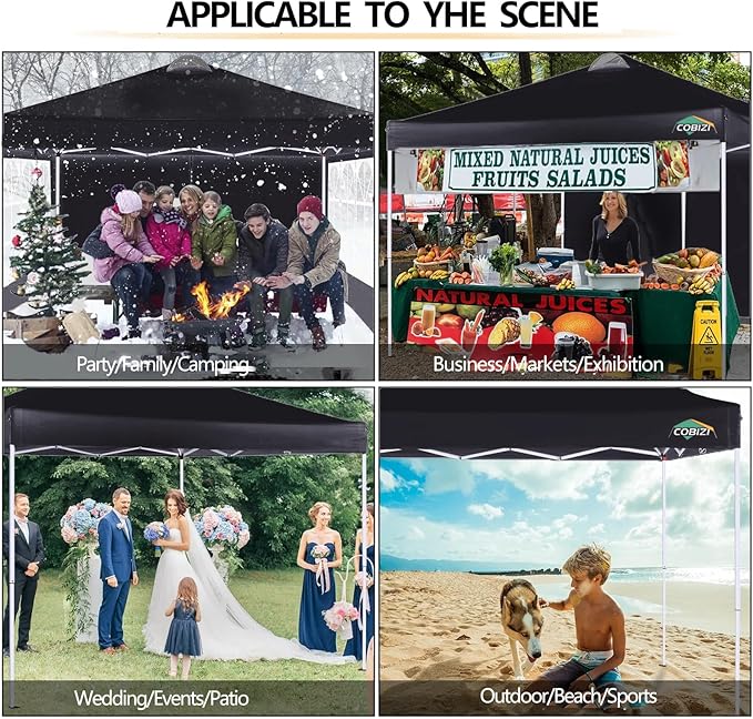 COBIZI 10x10 Pop Up Canopy Tent, One Push Outdoor Gazebo with 4 Removable Sidewalls & Air Vent, Waterproof Commercial Easy Up Adjustable Canopy with 4 Sandbags, 4 Stakes & 8 Ropes for Party,Black