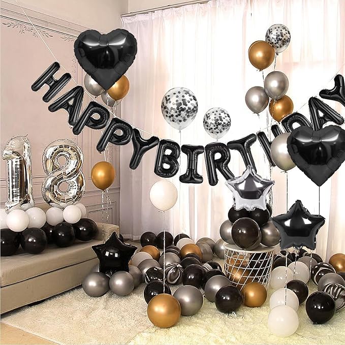 CANREVEL Happy Birthday Balloons Banner 16 Inch Mylar Foil Letters with Star & Heart Balloons Birthday Party Decorations for Men and Women - 30 Pcs Black
