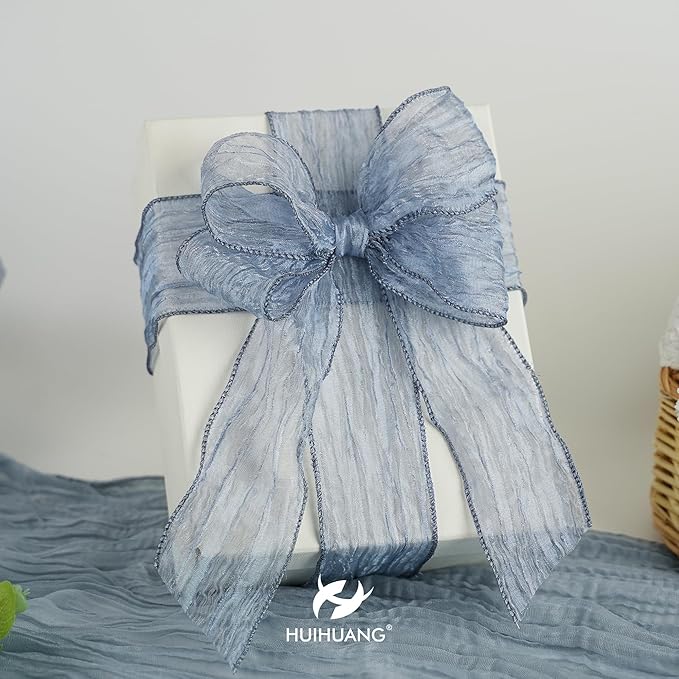 HUIHUANG Blue Wire Ribbon 2.5 inch Metallic Crinkle Dusty Blue Wired Ribbon for Bows Making Gift Wrapping Wreaths Holiday Home Decor DIY Crafts Christmas Tree Bows -10 Yards