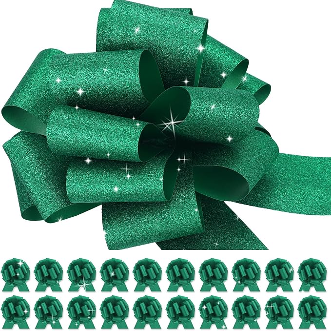 20 pcs Green Pull Bow for Gift Basket Wrapping Xmas Gift Bows Presents Adhesive Wrap Ribbon Bow for Christmas Tree Ornament Wine Bottles Bouquet Flower Valentine's Day Party Decor (Green-L)