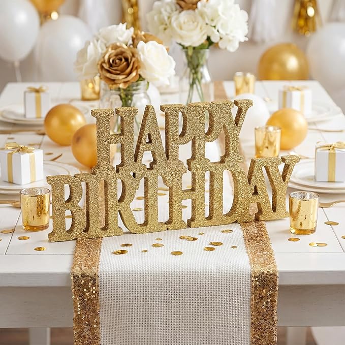 Novabright Happy Birthday Sign Centerpieces for Table Birthday Party Decorations for Women Bday Birthdays Themed Celebration Party Supplies (Champagne Gold,Glitter)