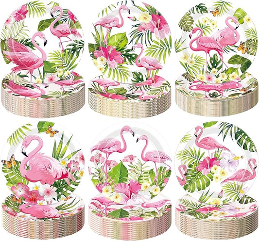 Gerrii 60 Pcs Tropical Flamingo Party Plates 7 Inch Hawaiian Themed Disposable Paper Plates Summer Flamingo Decorative Dessert Dinner Favor for Summer Beach Birthday Baby Shower Party Holiday Supplies